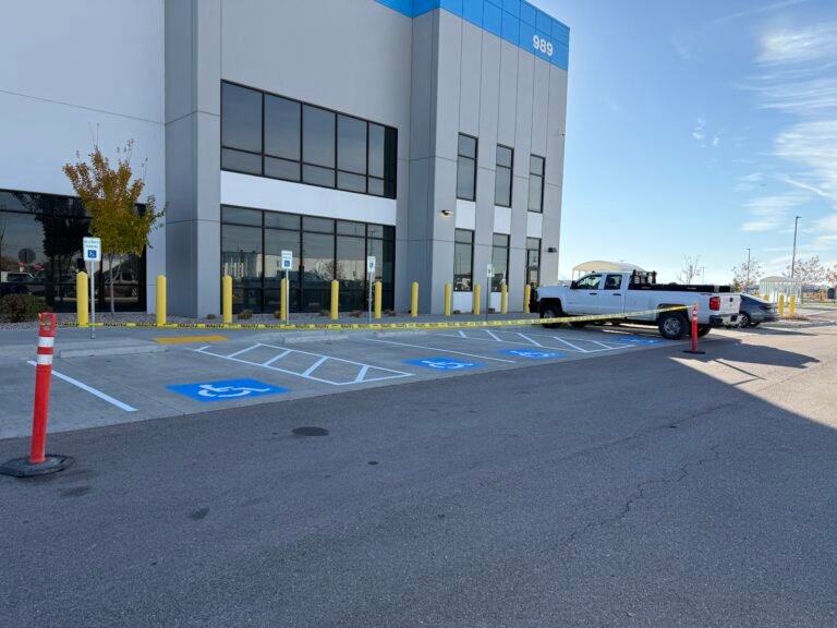 ADA accessible parking space pavement markings with blue striping and access aisle